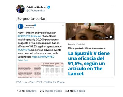 Cristina se mostró eufórica en redes sociales por la nota de The Lancet
