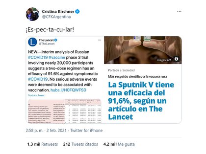 Cristina se mostró eufórica en redes sociales por la nota de The Lancet