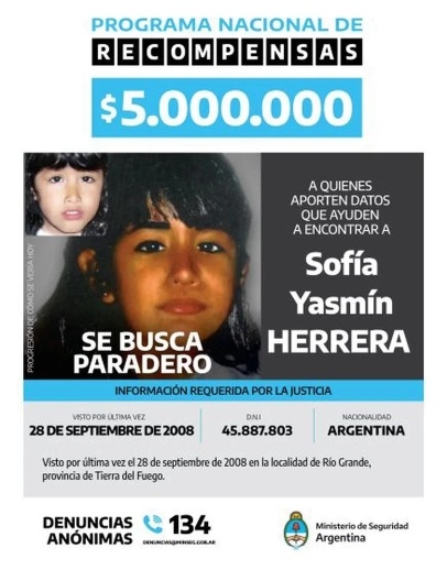 Aumentaron a 5 millones la recompensa por datos del  paradero de Sofía Herrera